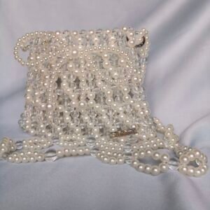 Borsa a perline avorio e cristallo con frange