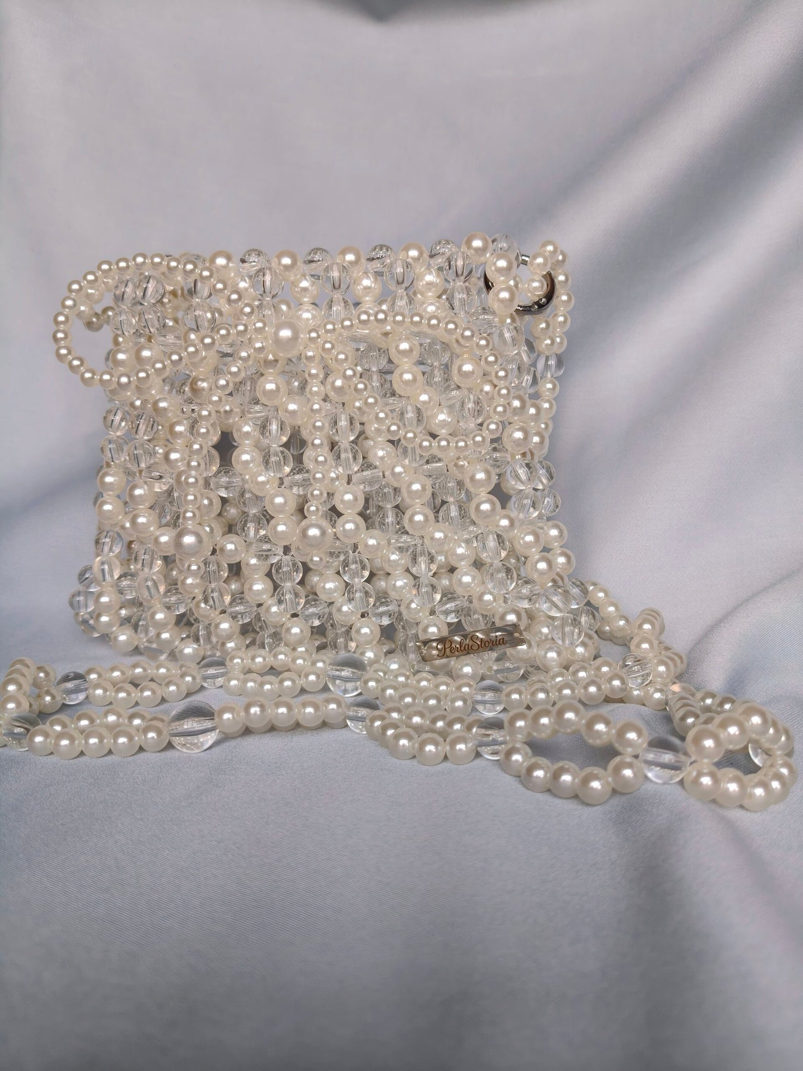 Borsa a perline avorio e cristallo con frange