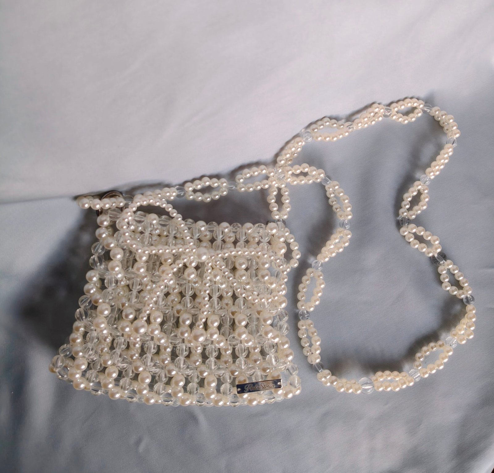 Borsa a perline avorio e cristallo con frange